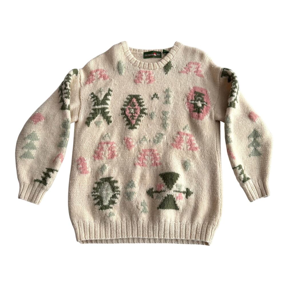Outback Red 80s 90s VTG 100% Wool Southwest Cream Intarsia Pullover Sweater L